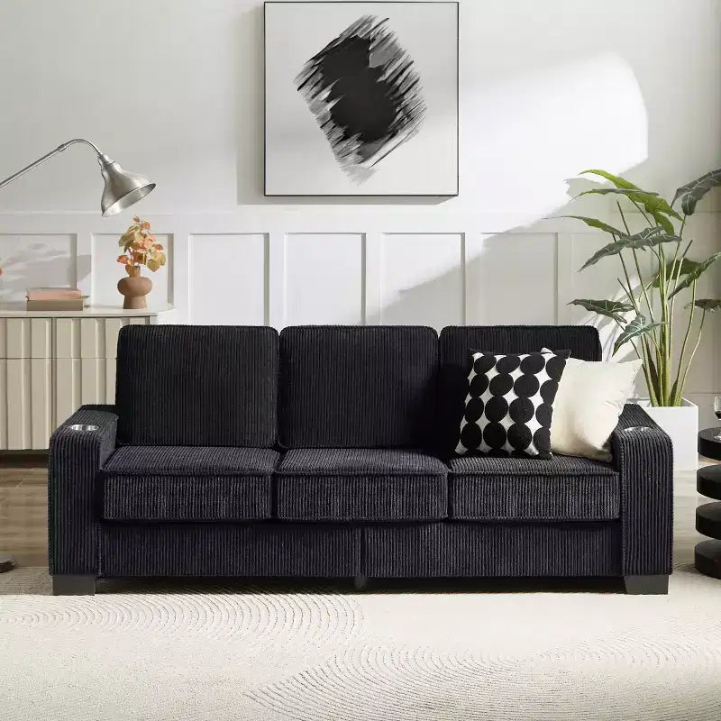 Canapé trois places en velours côtelé de 83 pouces avec porte-gobelets, canapé nuage moderne moelleux pour salons et appartements