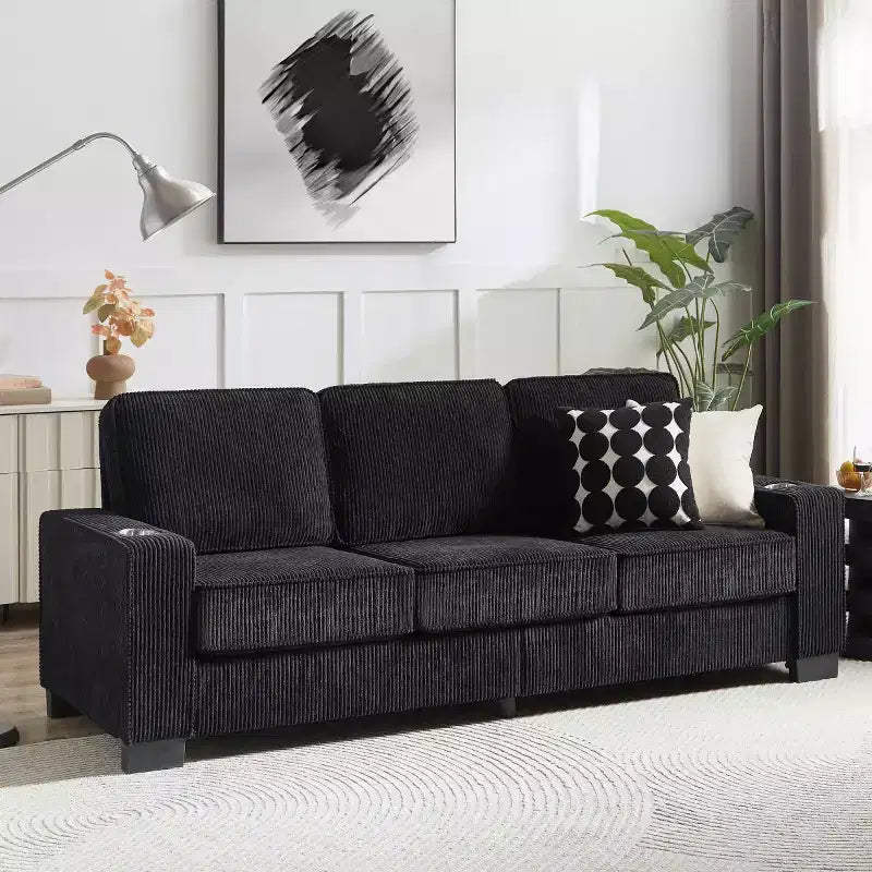 Canapé trois places en velours côtelé de 83 pouces avec porte-gobelets, canapé nuage moderne moelleux pour salons et appartements