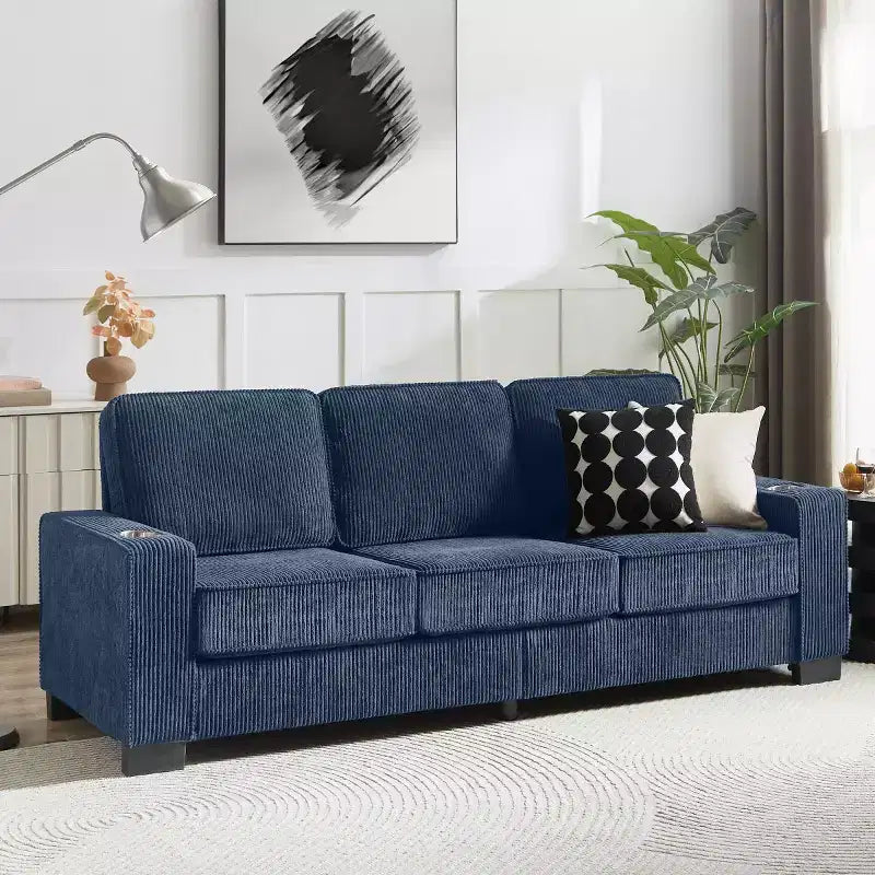 Canapé trois places en velours côtelé de 83 pouces avec porte-gobelets, canapé nuage moderne moelleux pour salons et appartements