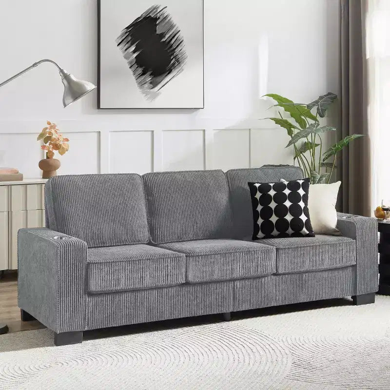 Canapé trois places en velours côtelé de 83 pouces avec porte-gobelets, canapé nuage moderne moelleux pour salons et appartements