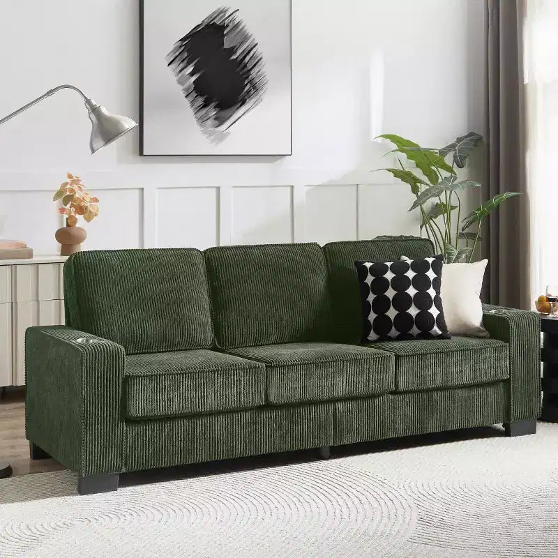 Canapé trois places en velours côtelé de 83 pouces avec porte-gobelets, canapé nuage moderne moelleux pour salons et appartements
