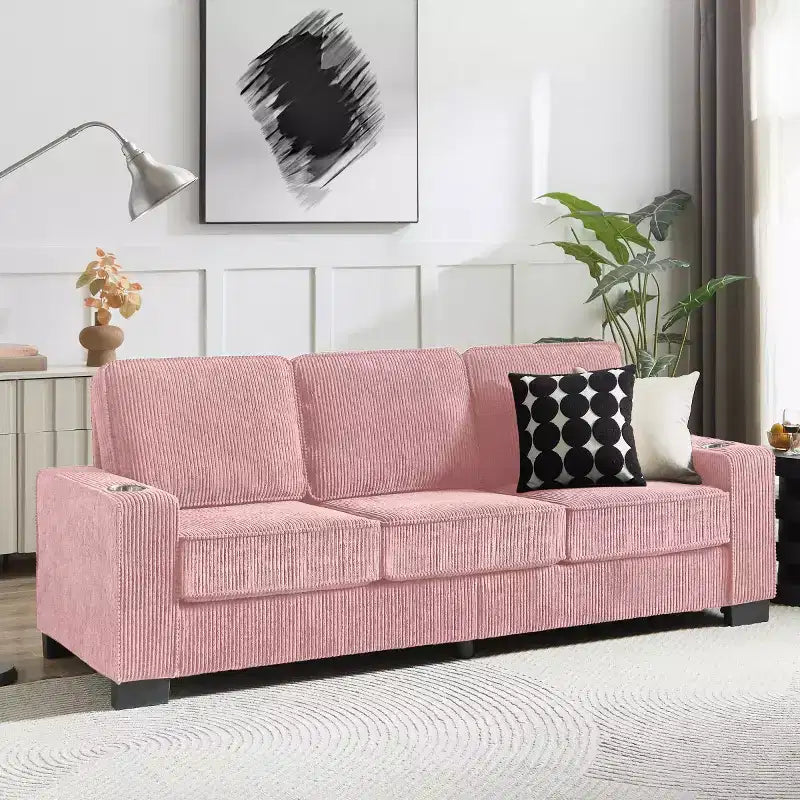 Canapé trois places en velours côtelé de 83 pouces avec porte-gobelets, canapé nuage moderne moelleux pour salons et appartements