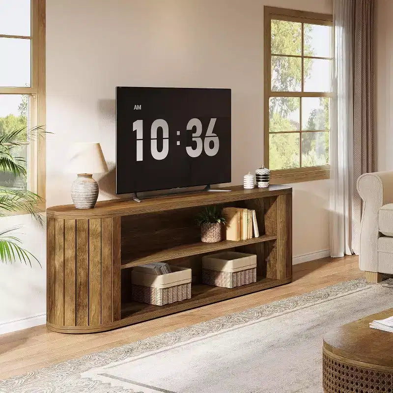 Meuble TV de ferme de 63 pouces pour téléviseurs jusqu'à 75 pouces, étagère de rangement à 3 niveaux, marron