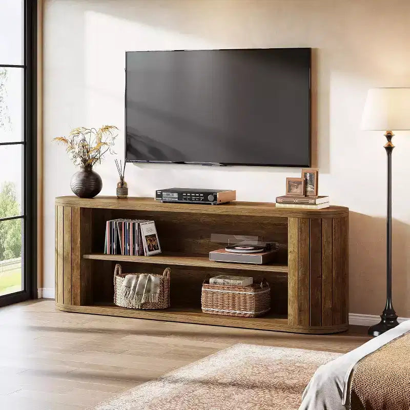 Meuble TV de ferme de 63 pouces pour téléviseurs jusqu'à 75 pouces, étagère de rangement à 3 niveaux, marron