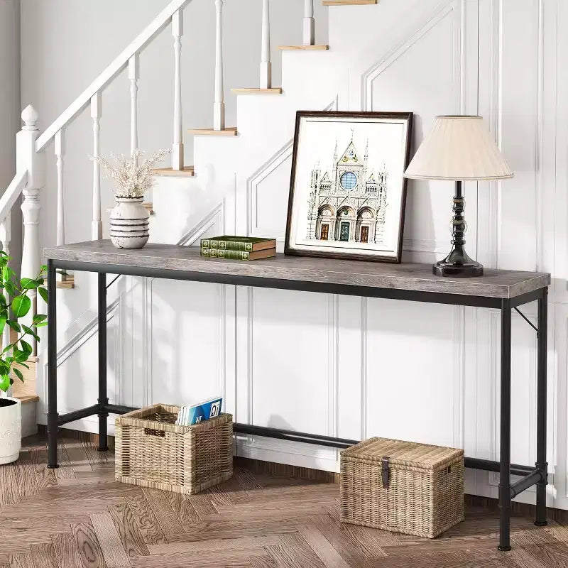 Table console extra longue de 180 cm, table d'appoint étroite pour entrée ou salon, style industriel gris rustique