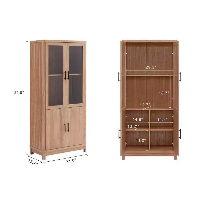 Bibliothèque mi-siècle moderne de 79 cm avec 2 portes vitrées et 6 étagères réglables