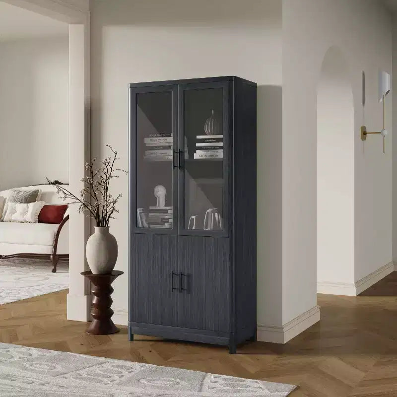 GDFStudio Aveline 31 Mid-Century Modern Bookcase Cabinet with 2 Glass Doors and 6 Adjustable Shelves