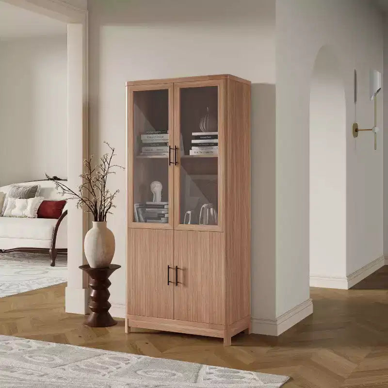 Bibliothèque mi-siècle moderne de 79 cm avec 2 portes vitrées et 6 étagères réglables