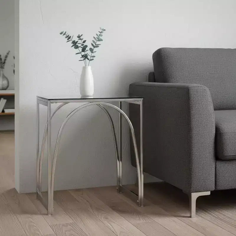 Table d'appoint carrée en verre chromé et fer de 22 pouces