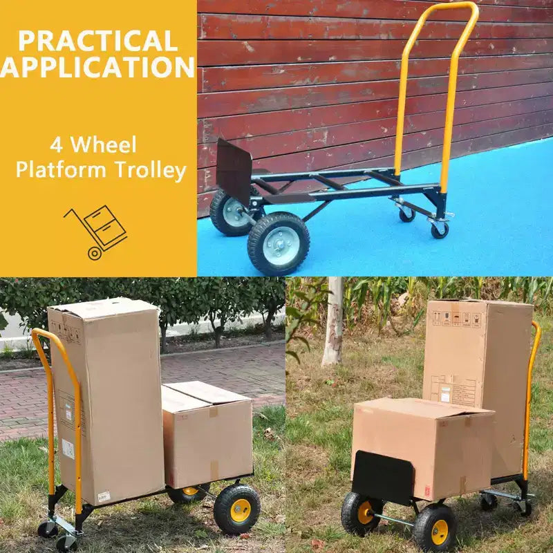 Chariot plateforme industriel 2-en-1, diable robuste avec poignée télescopique et roues pivotantes verrouillables