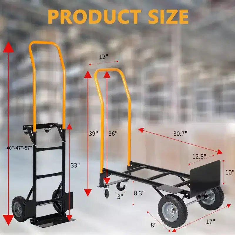 Chariot plateforme industriel 2-en-1, diable robuste avec poignée télescopique et roues pivotantes verrouillables