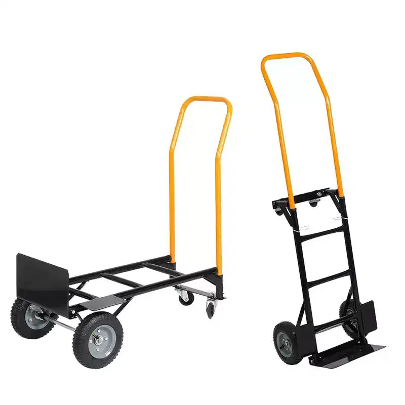 Chariot plateforme industriel 2-en-1, diable robuste avec poignée télescopique et roues pivotantes verrouillables