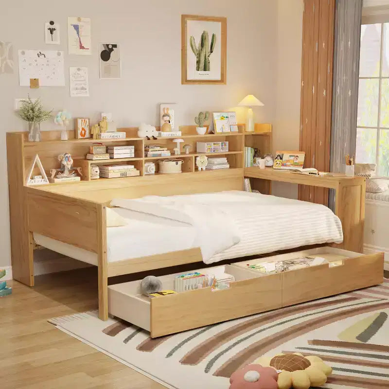 Lit de repos en bois avec étagères de rangement, 2 tiroirs et bureau intégré, taille double, naturel ou blanc antique