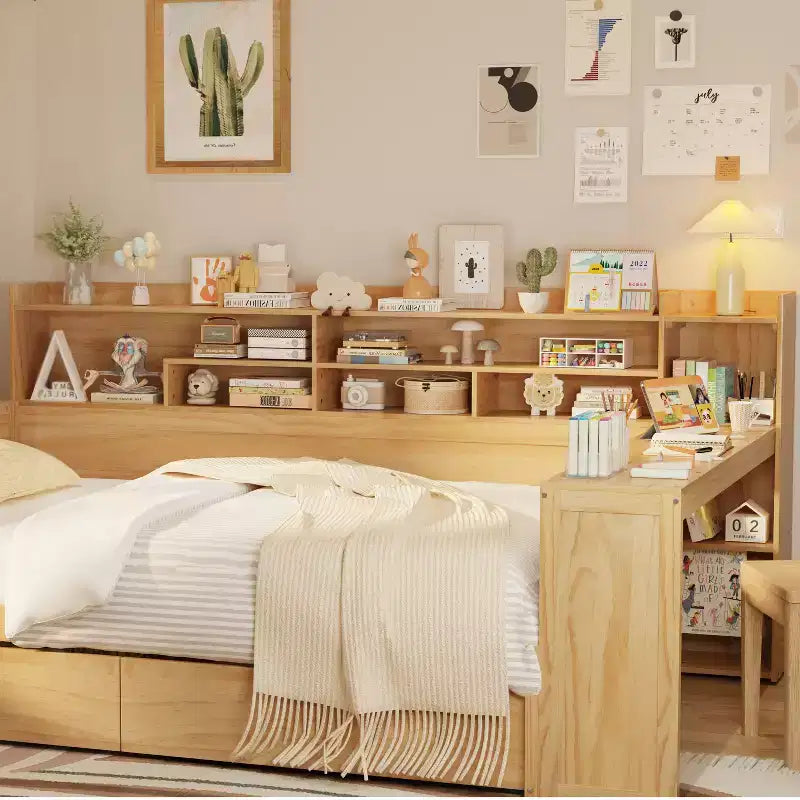 Lit de repos en bois avec étagères de rangement, 2 tiroirs et bureau intégré, taille double, naturel ou blanc antique