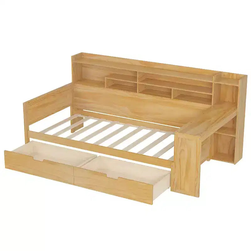 Lit de repos en bois avec étagères de rangement, 2 tiroirs et bureau intégré, taille double, naturel ou blanc antique