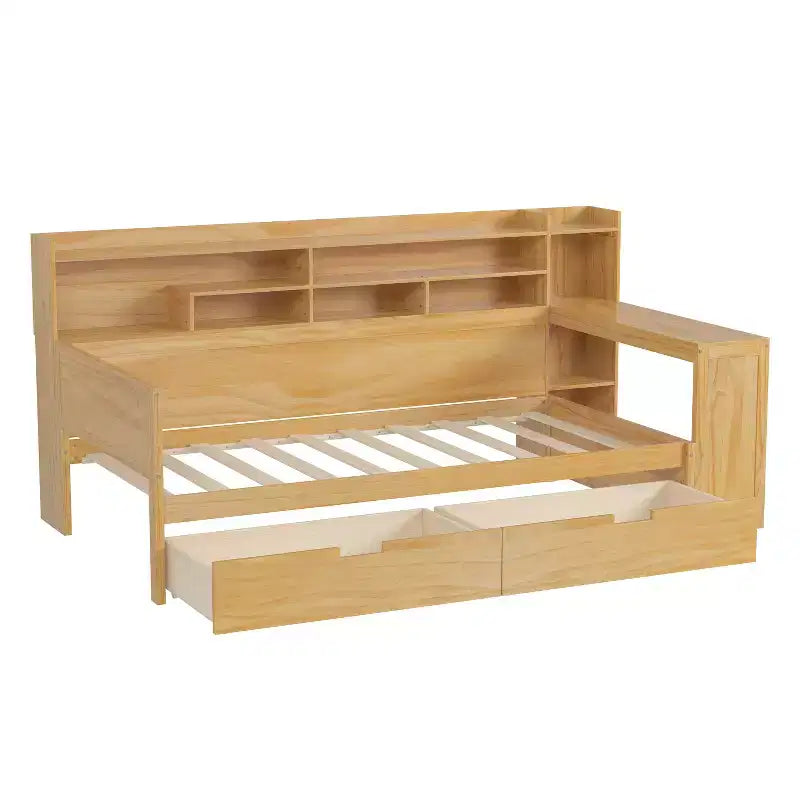Lit de repos en bois avec étagères de rangement, 2 tiroirs et bureau intégré, taille double, naturel ou blanc antique