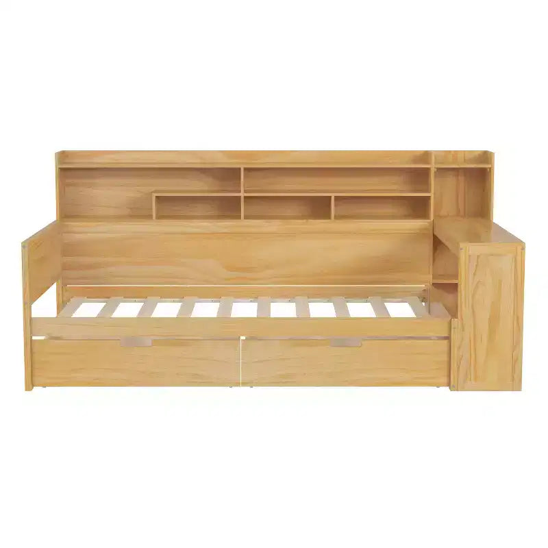 Lit de repos en bois avec étagères de rangement, 2 tiroirs et bureau intégré, taille double, naturel ou blanc antique
