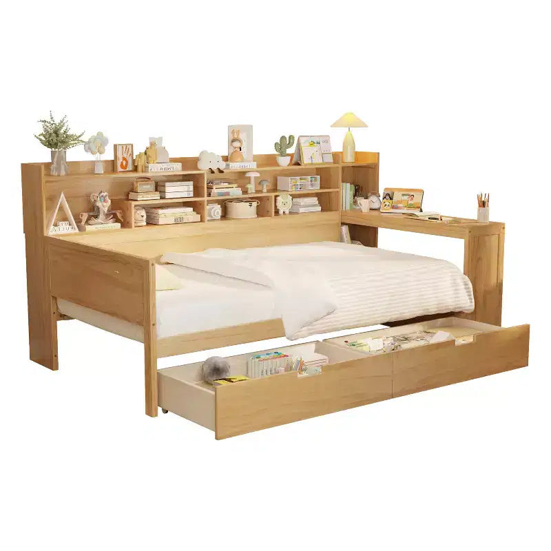 Lit de repos en bois avec étagères de rangement, 2 tiroirs et bureau intégré, taille double, naturel ou blanc antique