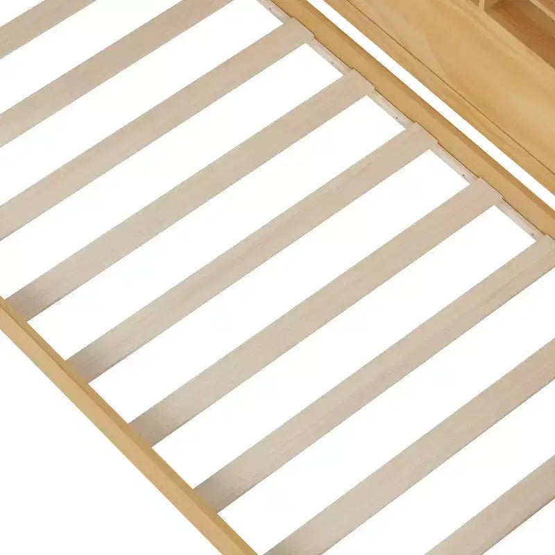 Lit de repos en bois avec étagères de rangement, 2 tiroirs et bureau intégré, taille double, naturel ou blanc antique