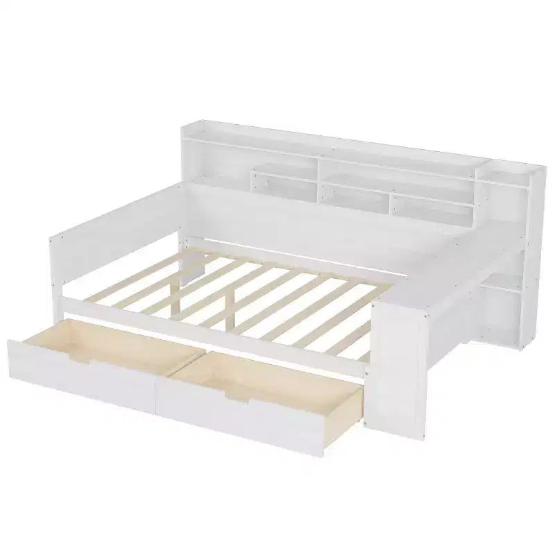 Lit de repos en bois avec étagères de rangement, 2 tiroirs et bureau intégré, taille double, naturel ou blanc antique