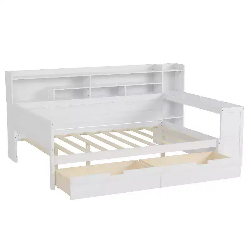 Lit de repos en bois avec étagères de rangement, 2 tiroirs et bureau intégré, taille double, naturel ou blanc antique