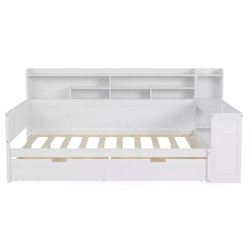 Lit de repos en bois avec étagères de rangement, 2 tiroirs et bureau intégré, taille double, naturel ou blanc antique