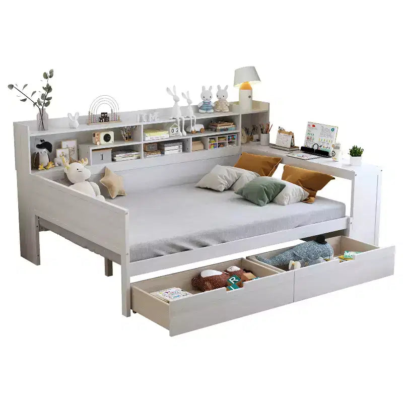 Lit de repos en bois avec étagères de rangement, 2 tiroirs et bureau intégré, taille double, naturel ou blanc antique