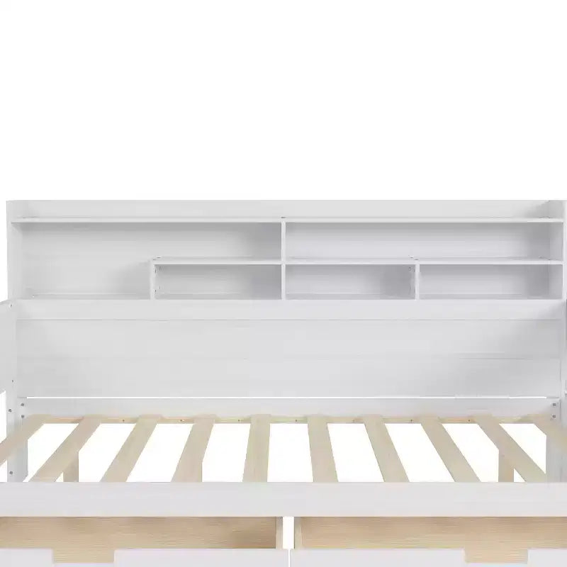 Lit de repos en bois avec étagères de rangement, 2 tiroirs et bureau intégré, taille double, naturel ou blanc antique