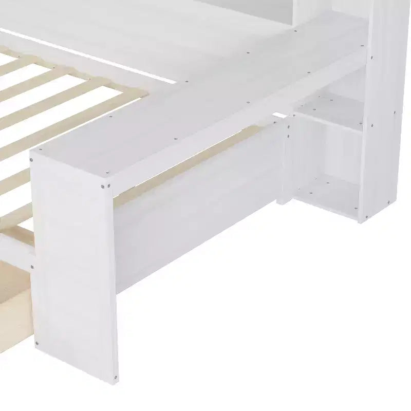 Lit de repos en bois avec étagères de rangement, 2 tiroirs et bureau intégré, taille double, naturel ou blanc antique