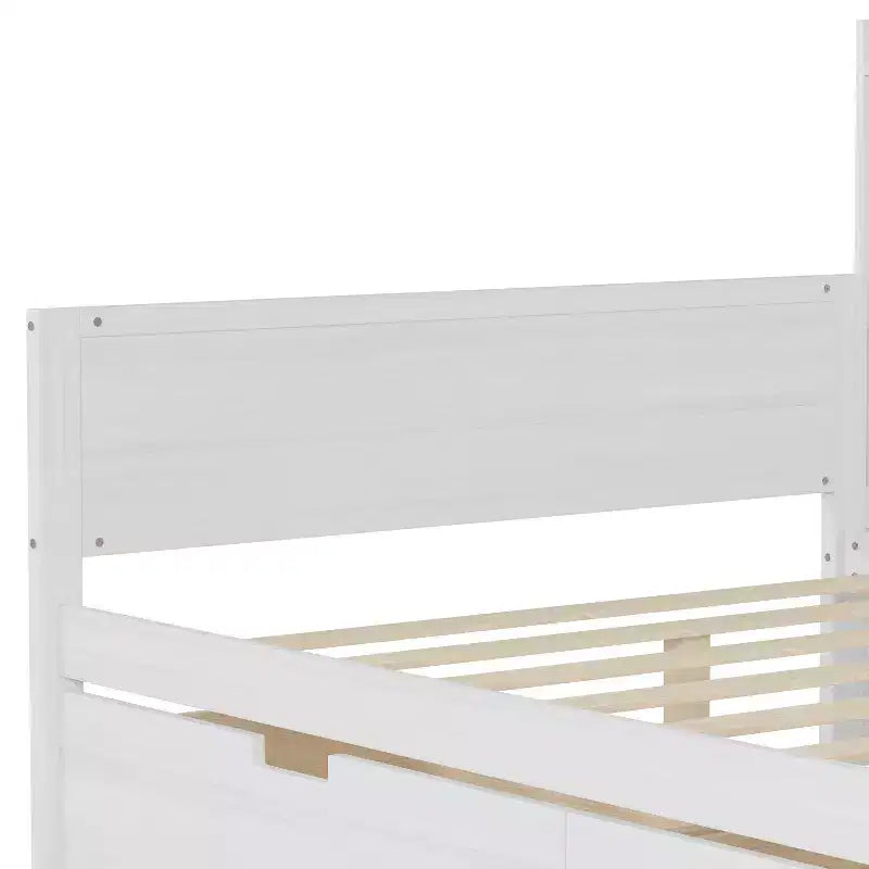 Lit de repos en bois avec étagères de rangement, 2 tiroirs et bureau intégré, taille double, naturel ou blanc antique
