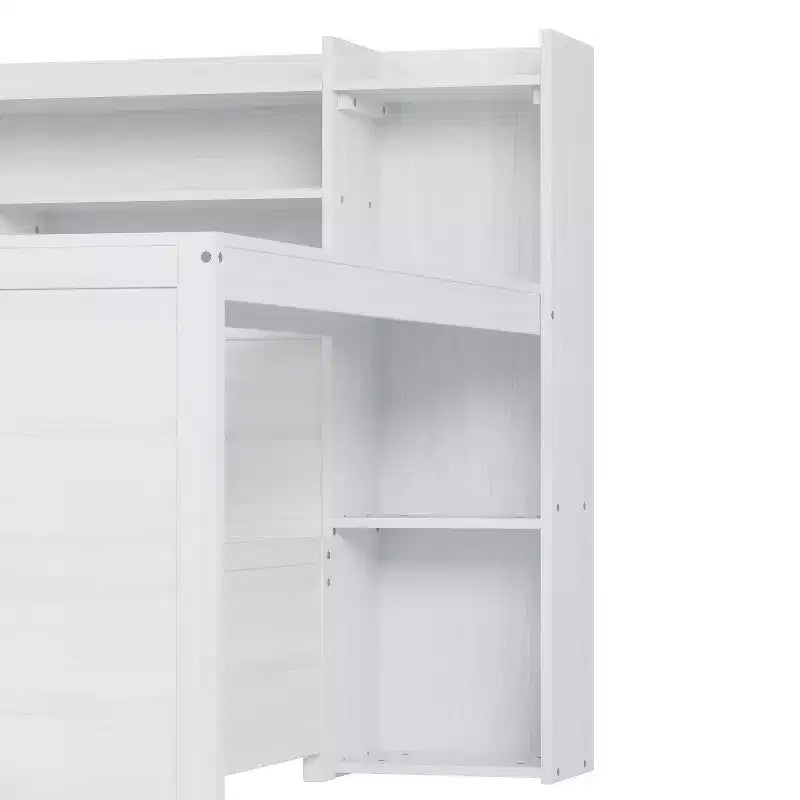 Lit de repos en bois avec étagères de rangement, 2 tiroirs et bureau intégré, taille double, naturel ou blanc antique