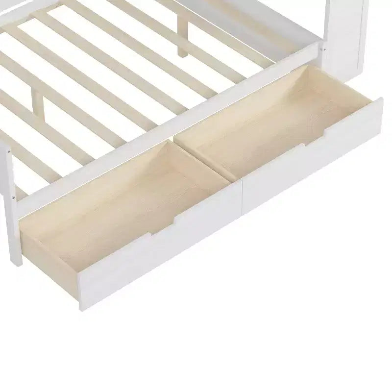 Lit de repos en bois avec étagères de rangement, 2 tiroirs et bureau intégré, taille double, naturel ou blanc antique