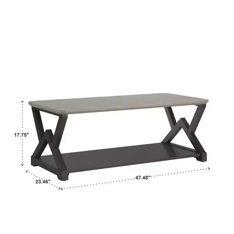 Table basse industrielle noire avec plateau en ciment et étagère ouverte