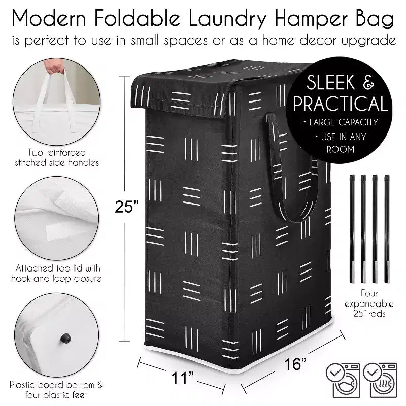 Panier à linge pliable avec poignées, Bohème hachuré noir et blanc