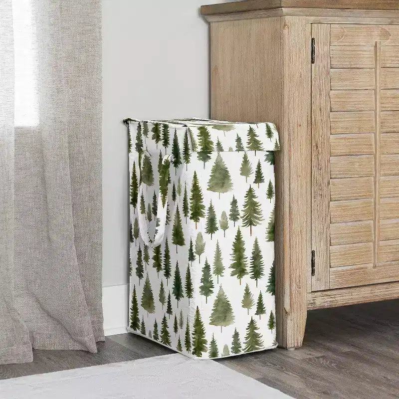 Panier à Linge Pliable avec Poignées, Imprimé Sapin Forestier, Vert et Blanc