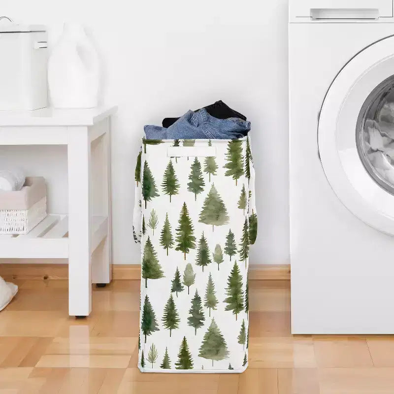 Panier à Linge Pliable avec Poignées, Imprimé Sapin Forestier, Vert et Blanc
