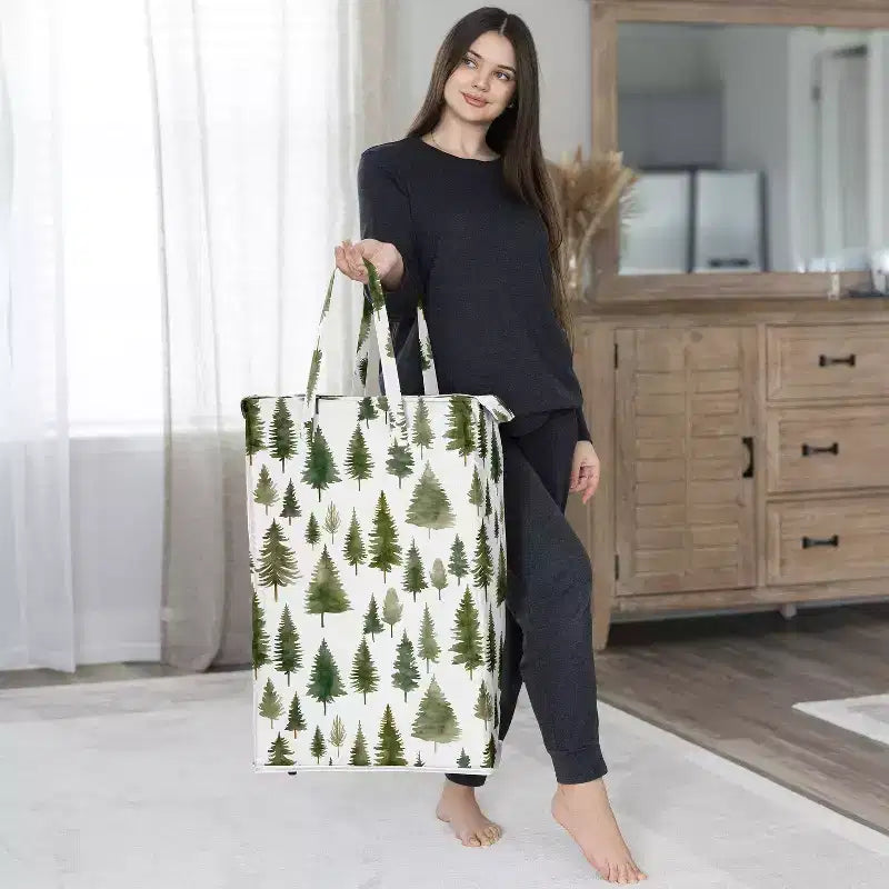 Panier à Linge Pliable avec Poignées, Imprimé Sapin Forestier, Vert et Blanc