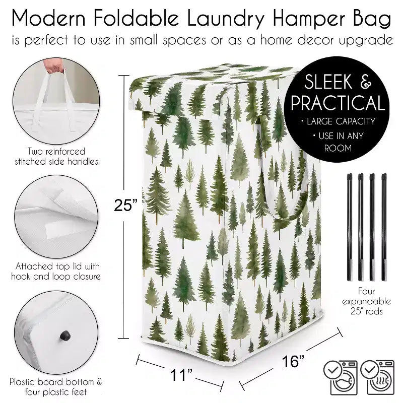 Panier à Linge Pliable avec Poignées, Imprimé Sapin Forestier, Vert et Blanc