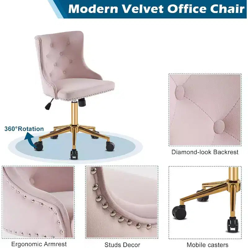 Chaise de bureau sans accoudoirs en velours, jolie chaise de coiffeuse rembourrée avec dossier pour chambre, femmes et filles