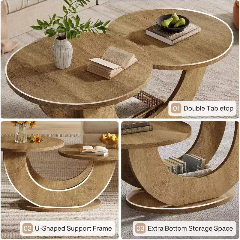 Table basse ronde de 117 cm avec piètement en U, table d'appoint basse pour la maison ou l'appartement, Chêne