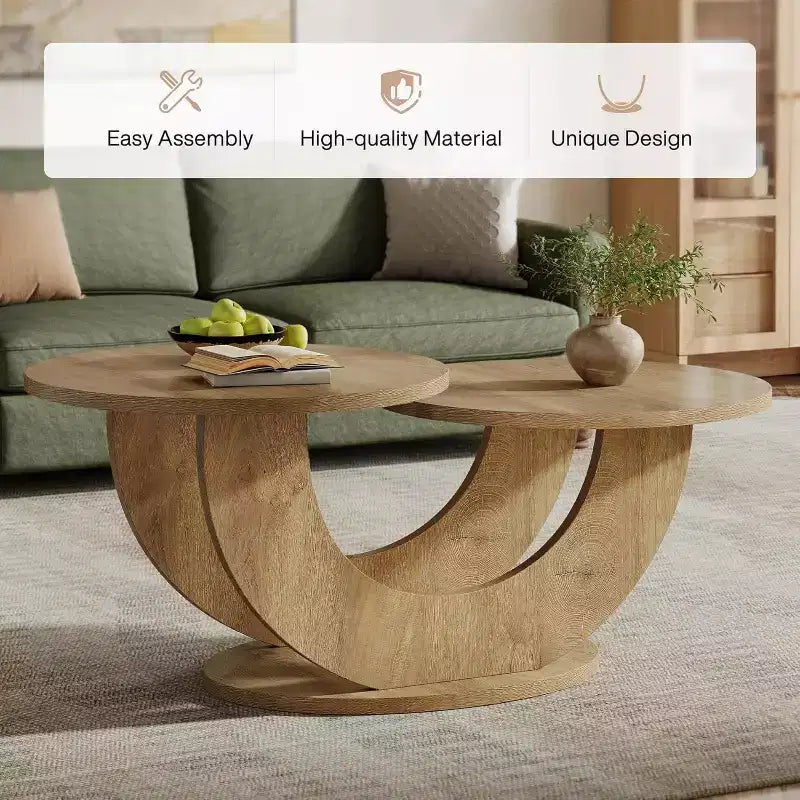 Table basse ronde de 117 cm avec piètement en U, table d'appoint basse pour la maison ou l'appartement, Chêne